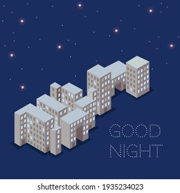 Web postcard for spam with block of multi-storey buildings on the dark blue background, stars above the building and text good night in right corner