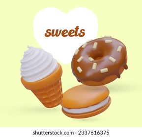 Web poster with 3d ice cream, donut and biscuit. Online shopping poster for store selling sweets. Vector illustration with yellow background and place for text