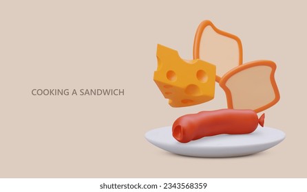 Web poster with 3d realistic cheese, sausage and slice of bread. Different product for cooking tasty sandwich for breakfast. Vector illustration with place for text