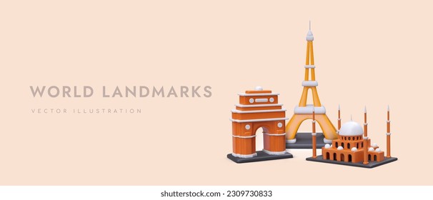 Web poster with 3d realistic different famous tourist landmarks and place for text. Old gateway of India, Eiffel Tower and mosque. Vector illustration in orange colors with warm background