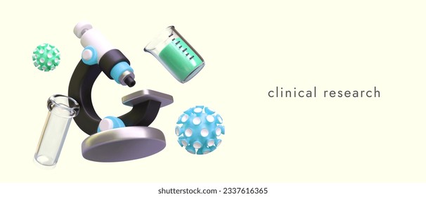 Web poster with 3d realistic medical equipment for biochemical research with microscope. Clinical research concept. Testing substances in laboratory. Vector illustration with place for text