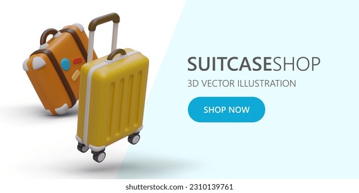 Web poster with 3d realistic suitcase with colored stickers and trolley bag. Travel luggage concept. Old style voyage suitcase. Luggage for journey. Vector illustration in orange and yellow color