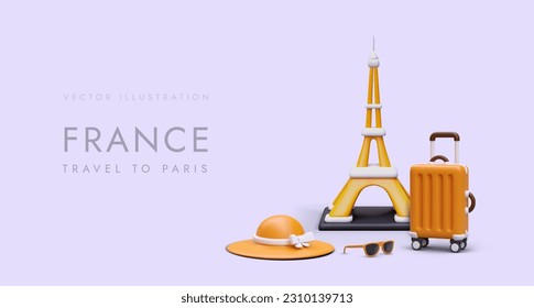 Web poster with 3d trolley bag, hat, sunglasses and big Eiffel Tower. Travel in France concept. Advertising poster, landing page for travel company. Vector illustration with purple background