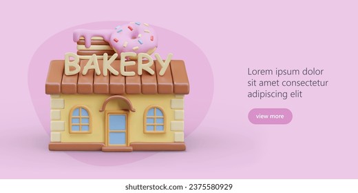 Web poster with button and model of bakery in cartoon style. Store with tasty cakes and donuts. Online order of tasty products. Vector illustration with pink background and place for text