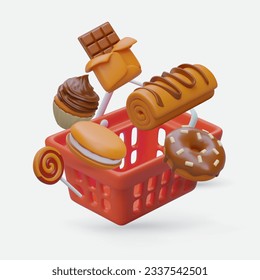 Afiche web con cesta de compras 3d realista con dulces. Banner de promoción para el mercado, concepto de tiempo de compra. Comprando chocolate, muffins, donuts, langostinos, panecillos dulces. Ilustración del vector