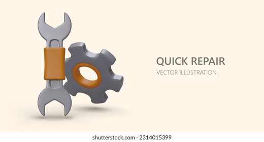 Web poster with realistic repair tool kit. 3d wrench and metal gear. Quick repair, overhaul tool concept. Vector illustration in cartoon style with background in warm colors