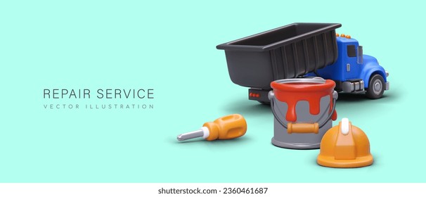 Web poster for repair service with place for text. 3d realistic truck, jar with red paint, helmet and screwdriver. Vector illustration with blue background