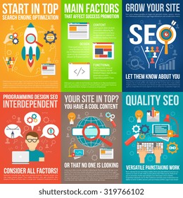 Póster web con símbolos de desarrollo seo y sitio web ilustraciones vectoriales aisladas