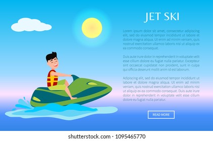 Web poster summer sport activity, man riding on water scooter, wearing life-jacket and smiling, jet ski ride and splashes vector on blue sea