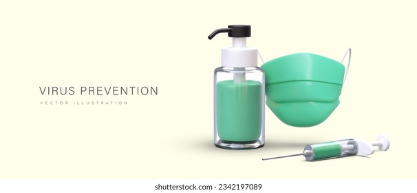 Web poster with syringe. Virus prevention concept. Liquid alcohol disinfectant and mask for prevention of pandemic and epidemic diseases. Vector illustration