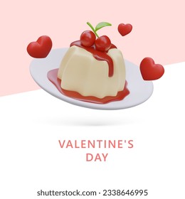 Web poster for Valentine Day. 3d realistic tasty cake with cherry. Muss with jam. Romantic dinner concept. Vector illustration with pink and white background