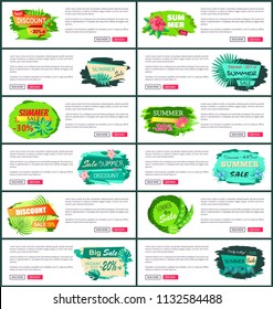 Web posters tropical flowers on palm trees, advertisement stickers collection with push buttons. Discount 30% off summer big sale set of promo labels