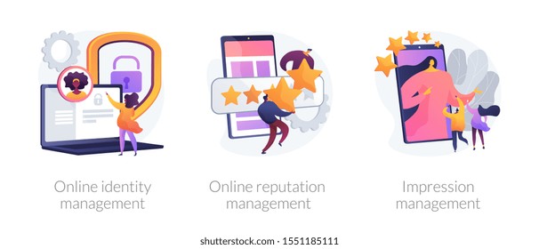 Web presence establishment, crm software, self presentation. Online identity management, online reputation management, impression management metaphors. Vector isolated concept metaphor illustrations