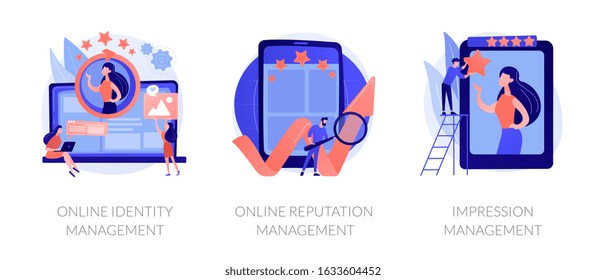 Web presence establishment, crm software, self presentation. Online identity management, online reputation management, impression management metaphors. Vector isolated concept metaphor illustrations