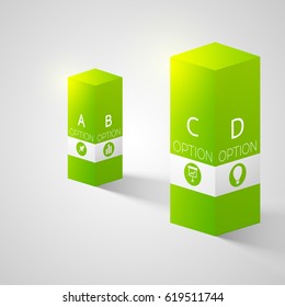 Web presentation infographic template with two 3d green columns four options and business icons isolated vector illustration