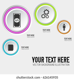 Web presentation infographics with light round buttons colorful edging and business icons on gray background vector illustration