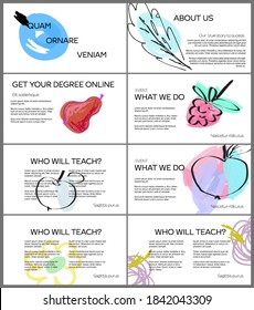 Web presentation template layout with hand drawn fruits and doodles. Minimal modern design for marketing technology
