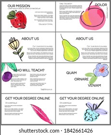 Web presentation template layout with hand drawn fruits and doodles. Minimal modern design for marketing technology