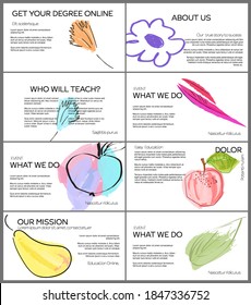 Web presentation template layout with hand drawn fruits and doodles. Minimal modern design for marketing technology