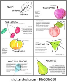 Web presentation template layout with hand drawn fruits and doodles. Minimal modern design for marketing technology