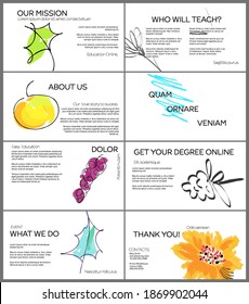 Web presentation template layout with hand drawn fruits and doodles. Minimal modern design for marketing technology