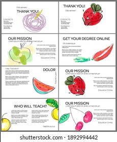 Web presentation template layout with hand drawn fruits and doodles. Minimal modern design for marketing technology