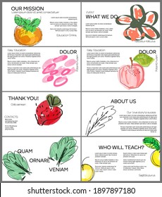 Web presentation template layout with hand drawn fruits and doodles. Minimal modern design for marketing technology