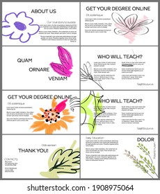 Web presentation template layout with hand drawn fruits and doodles. Minimal modern design for marketing technology