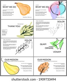 Web presentation template layout with hand drawn fruits and doodles. Minimal modern design for marketing technology