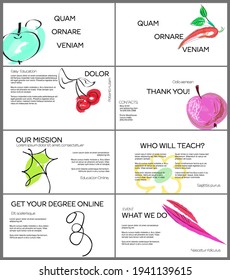 Web presentation template layout with hand drawn fruits and doodles. Minimal modern design for marketing technology
