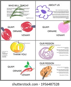 Web presentation template layout with hand drawn fruits and doodles. Minimal modern design for marketing technology