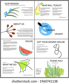 Web presentation template layout with hand drawn fruits and doodles. Minimal modern design for marketing technology