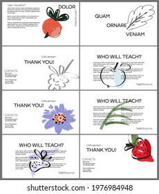Web presentation template layout with hand drawn fruits and doodles. Minimal modern design for marketing technology
