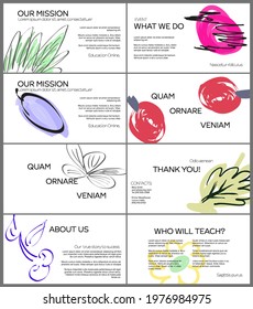 Web presentation template layout with hand drawn fruits and doodles. Minimal modern design for marketing technology