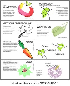 Web presentation template layout with hand drawn fruits and doodles. Minimal modern design for marketing technology