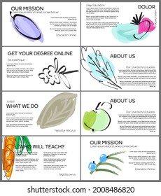 Web presentation template layout with hand drawn fruits and doodles. Minimal modern design for marketing technology