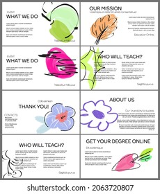 Web presentation template layout with hand drawn fruits and doodles. Minimal modern design for marketing technology