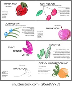 Web presentation template layout with hand drawn fruits and doodles. Minimal modern design for marketing technology