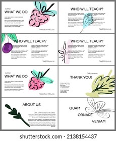Web presentation template layout with hand drawn fruits and doodles. Minimal modern design for marketing technology