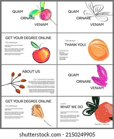 Web presentation template layout with hand drawn fruits and doodles. Minimal modern design for marketing technology