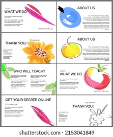 Web presentation template layout with hand drawn fruits and doodles. Minimal modern design for marketing technology