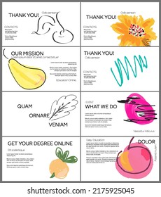 Web presentation template layout with hand drawn fruits and doodles. Minimal modern design for marketing technology
