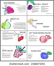 Web presentation template layout with hand drawn fruits and doodles. Minimal modern design for marketing technology