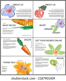 Web presentation template layout with hand drawn fruits and doodles. Minimal modern design for marketing technology