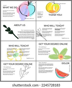 Web presentation template layout with hand drawn fruits and doodles. Minimal modern design for marketing technology