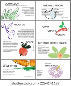 Web presentation template layout with hand drawn fruits and doodles. Minimal modern design for marketing technology