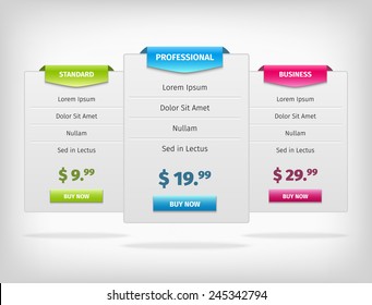 Web Price Banners For Business Plan. Comparison Tables.