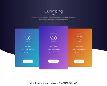 Web pricing table design for business. Hosting table banner. Modern gradient style. Design element for website and mobile app, UI UX. Vector illustration.