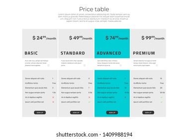 Web pricing table design for business. Vector illustration