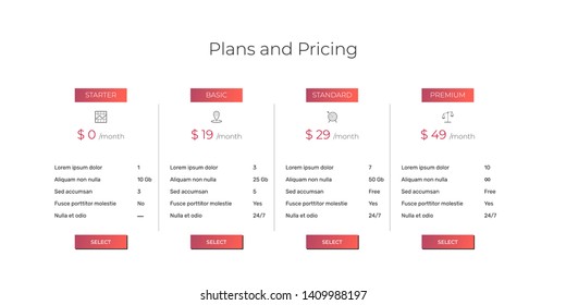 Web pricing table design for business. Vector illustration